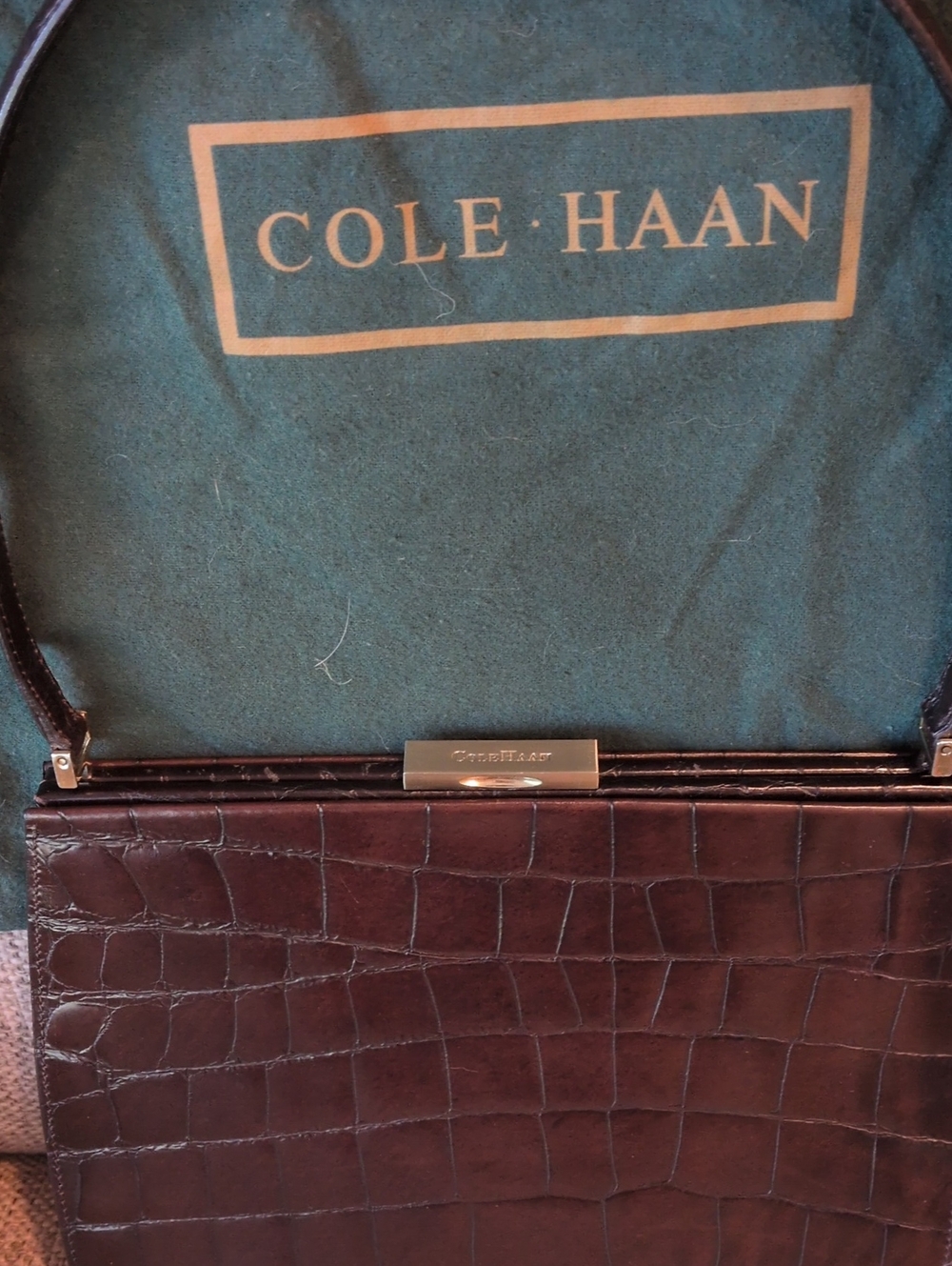 Vintage Cole Haan Chocolate Brown Croc-Embossed Leather Framed Handbag - Picture 2 of 10